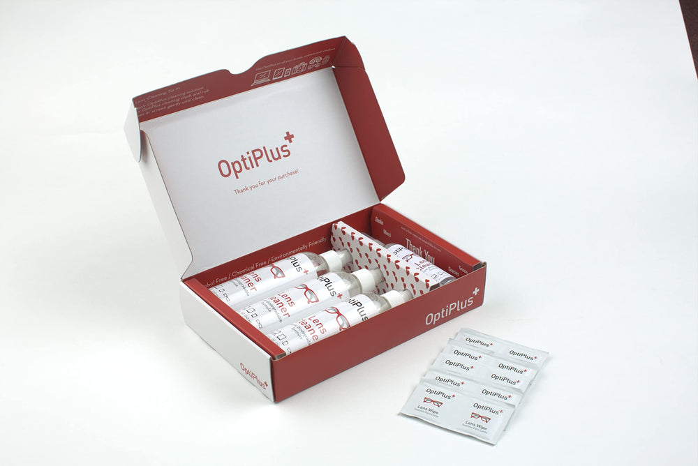 Ten moistened lens cleaning wipes included in OptiPlus kit