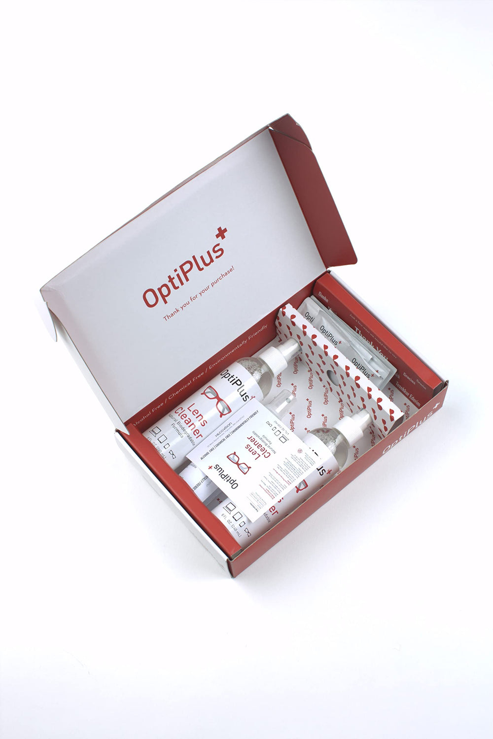 Eco-friendly bottle of OptiPlus all-natural lens cleaner