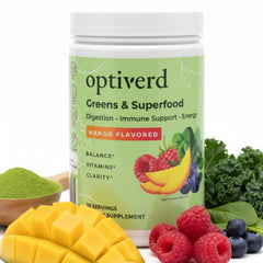 Canister of Optiverd Greens Superfood Powder with mango flavor and probiotics