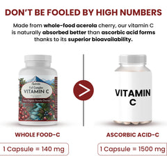 Back of OPTIVIDA Acerola Cherry Capsules bottle with supplement facts