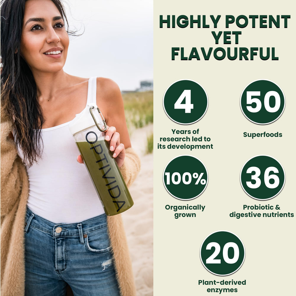 Greens powder blend featuring spirulina, chlorella and spinach imagery