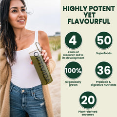 Greens powder blend featuring spirulina, chlorella and spinach imagery