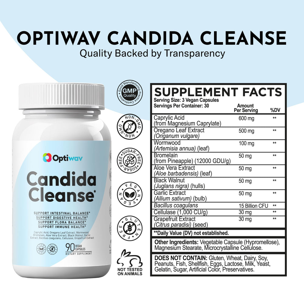 Optiwav Candida Cleanse capsules ready for daily use supporting digestive balance