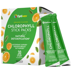 Front view of Optiwav Chlorophyll Stick Packs box with orange flavor, 30 sticks