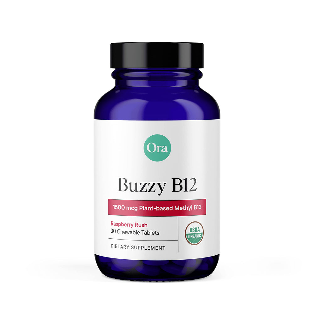 Bottle of Ora Organic B12 1500mcg raspberry chewable tablets with label