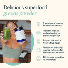 Ingredients collage showing kale, spirulina, chlorella in Ora Greens