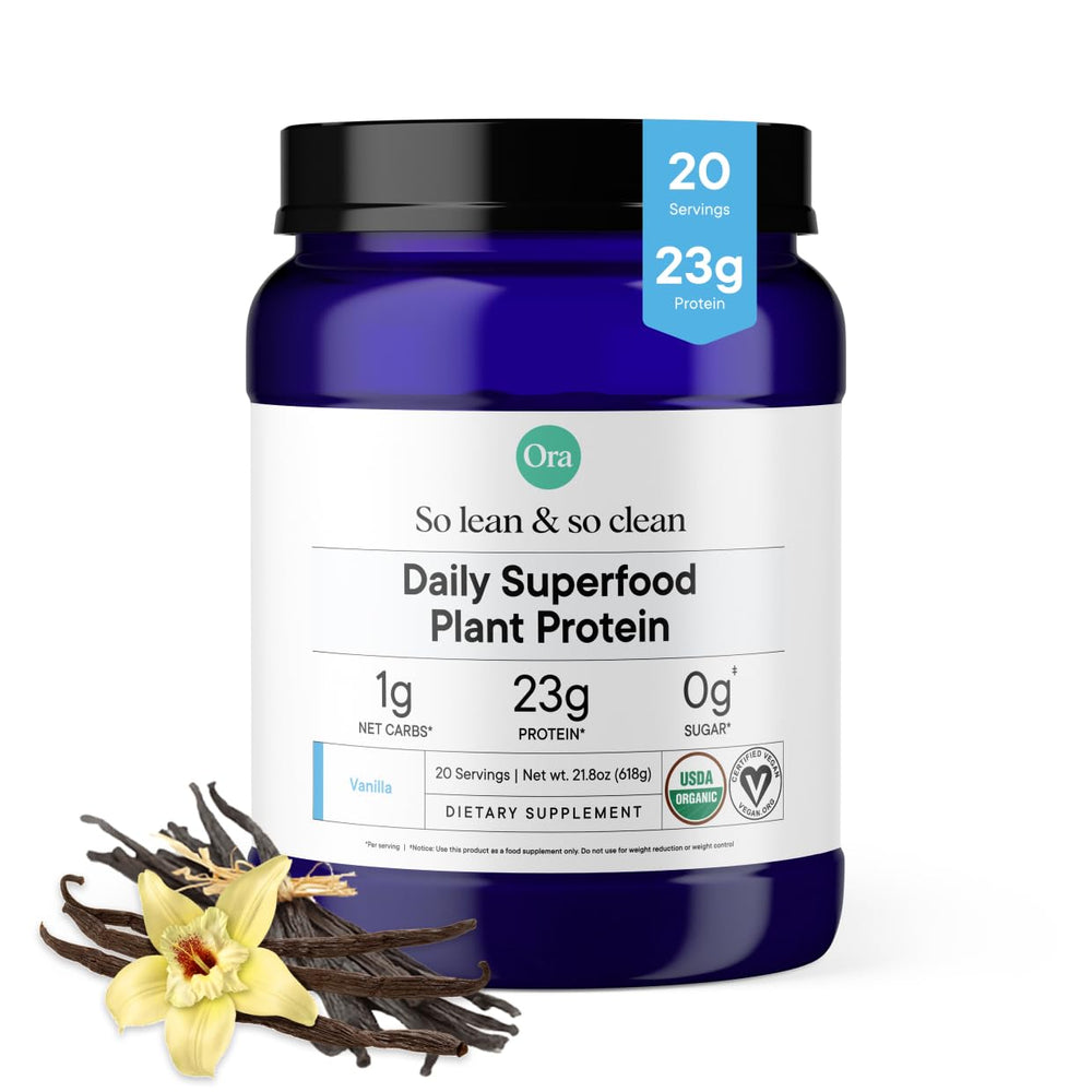 Front view of Ora Organic Vanilla Plant-Based Protein Powder canister with 20 servings
