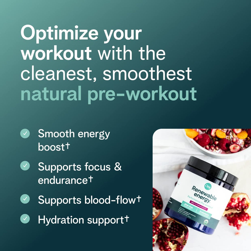 Ora Organic pre-workout berry beet tub front highlighting vegan organic caffeine.