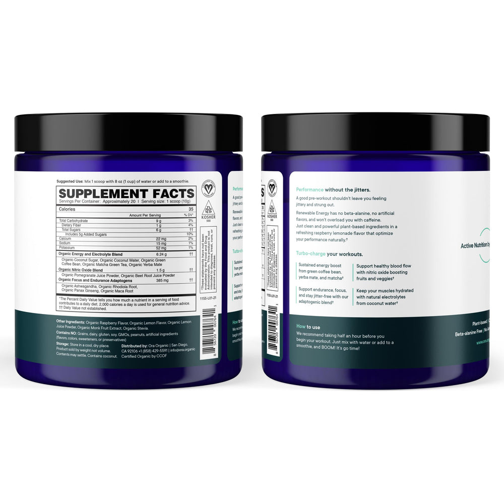 Ora Organic serve image indicates convenient 20-serving pouch for workouts