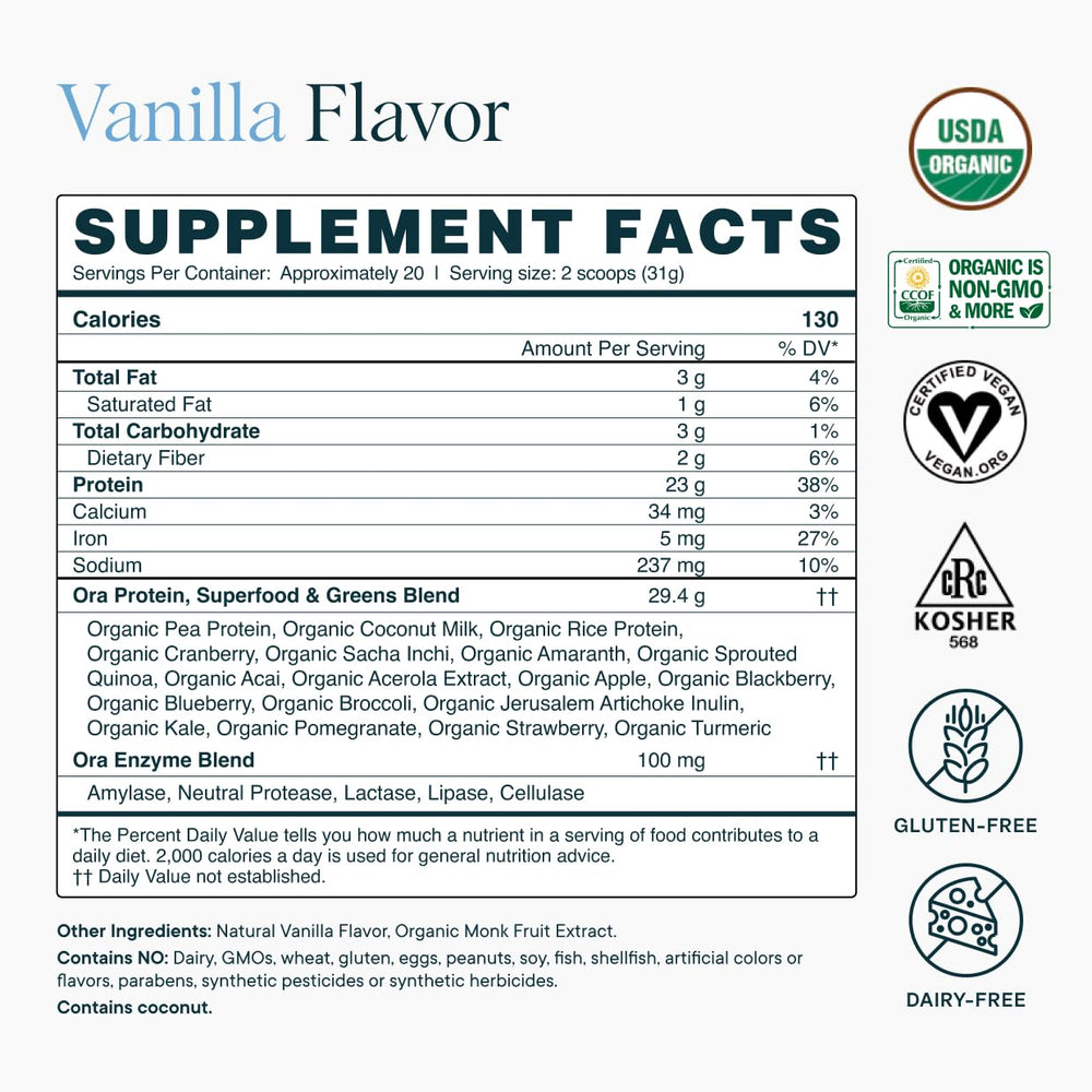 Ready-to-use protein powder packaging and scoop for Ora Organic Vanilla