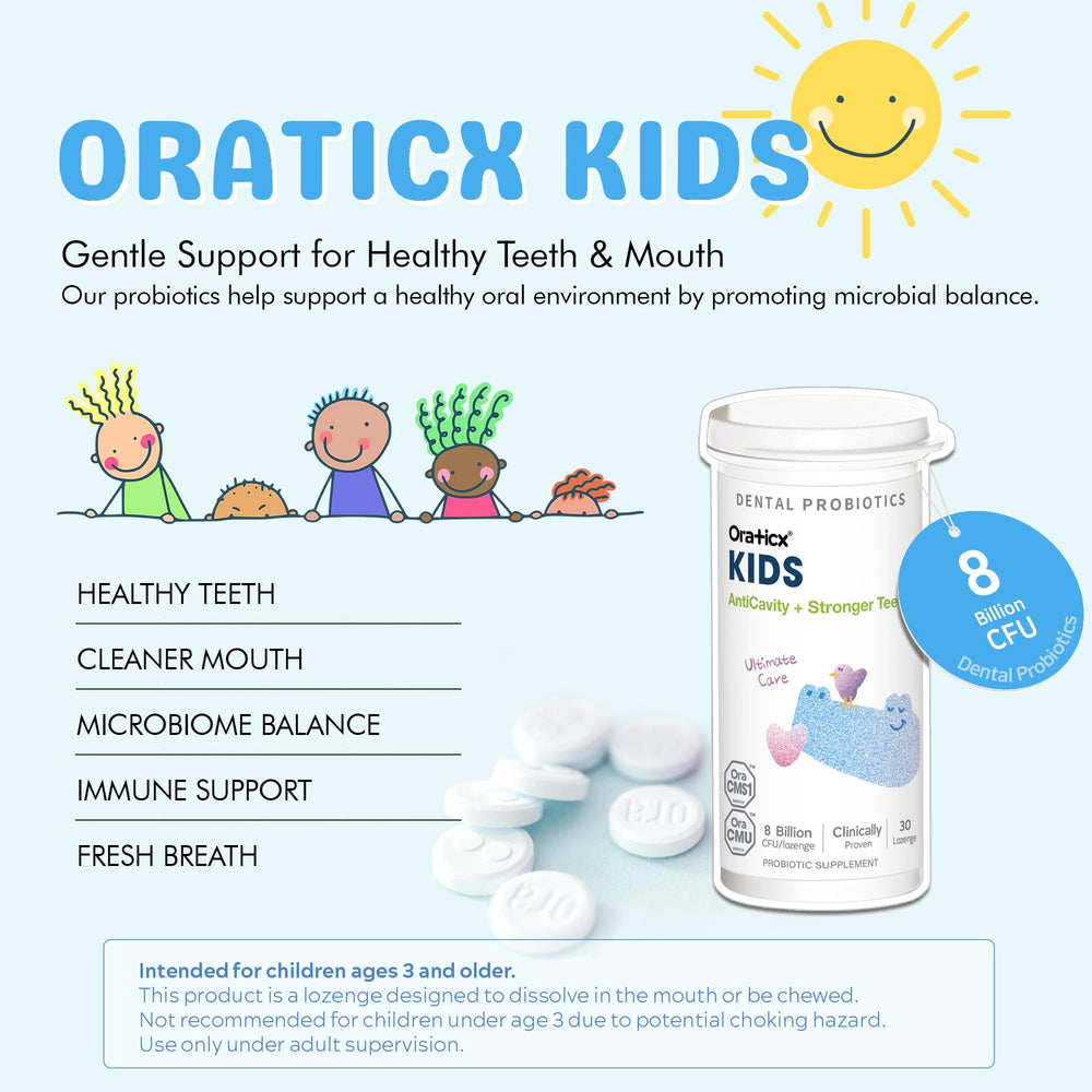 Child brushing teeth with OraTicx probiotic tablet