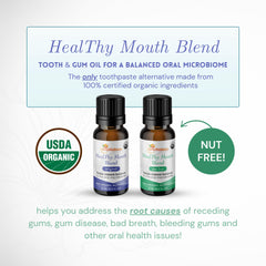 Close-up of Nut Free Healthy Mouth Blend Tooth Oil label