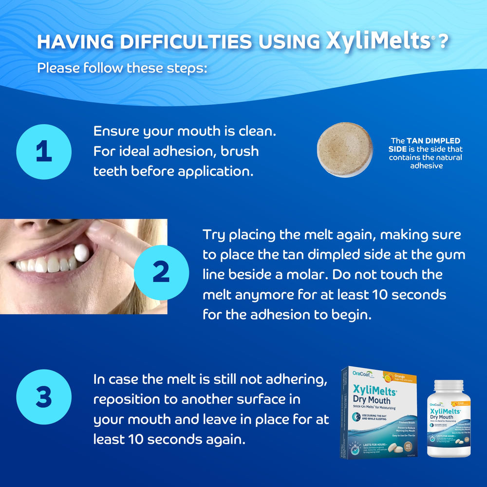 Adhesive XyliMelts discs attaching to teeth for dry mouth relief