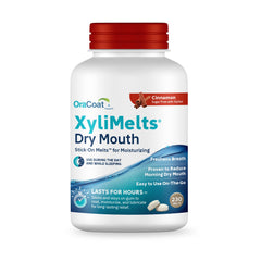 Oracoat XyliMelts cinnamon-flavored dry mouth discs in blister packaging