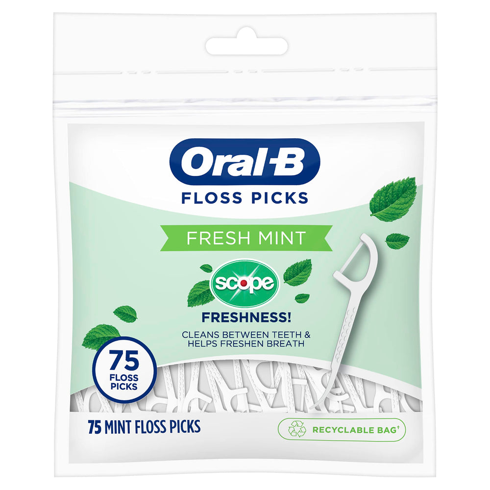 Six bags of Oral-B Burst of Scope Fresh Mint floss picks (75-count each) for a total of 450