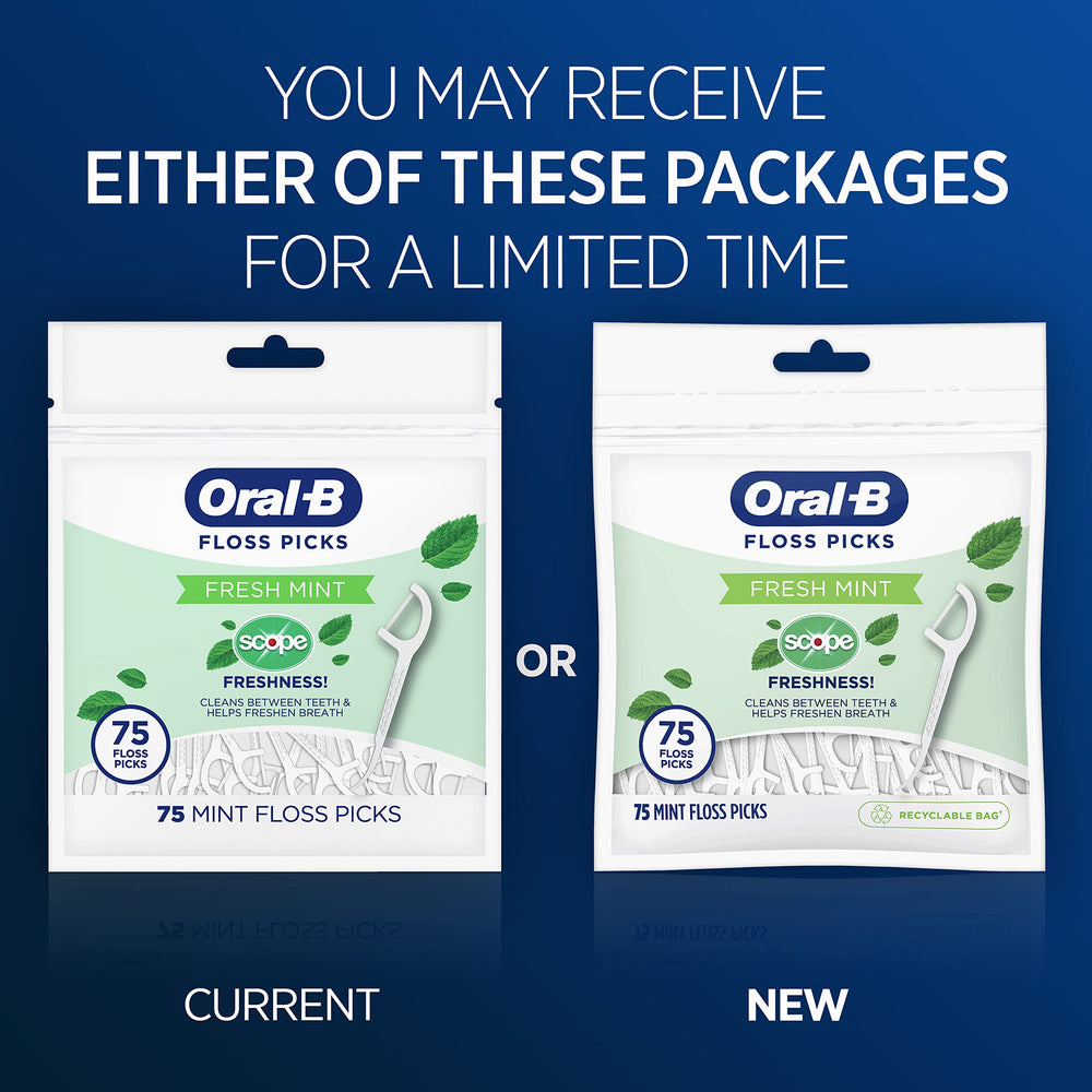 Recycling on Us icon and packaging details on Oral-B floss picks