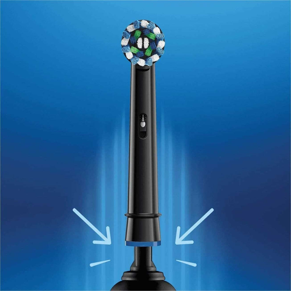 Four black replacement brush heads lined up for Oral-B electric toothbrushes
