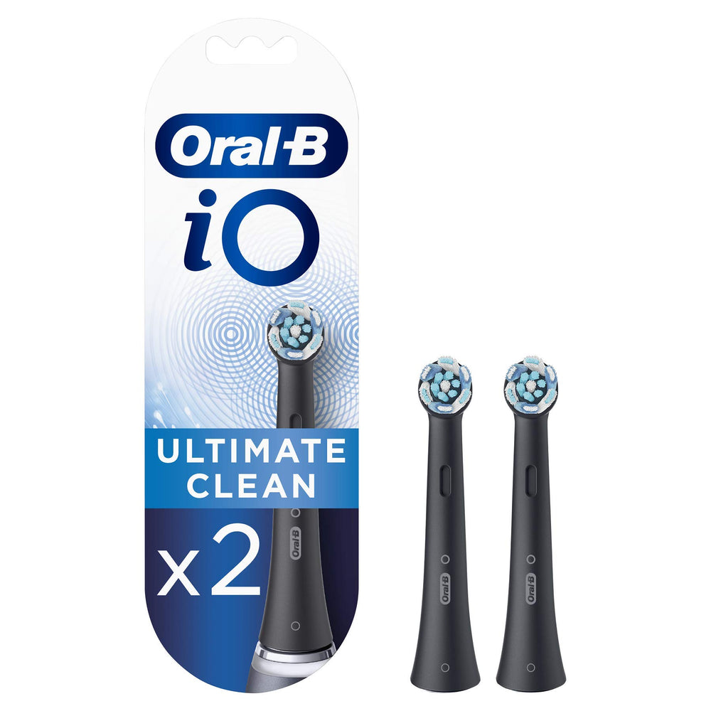 Oral-B iO Ultimate Clean two-pack toothbrush heads in black, front view