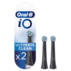 Oral-B iO Ultimate Clean two-pack toothbrush heads in black, front view