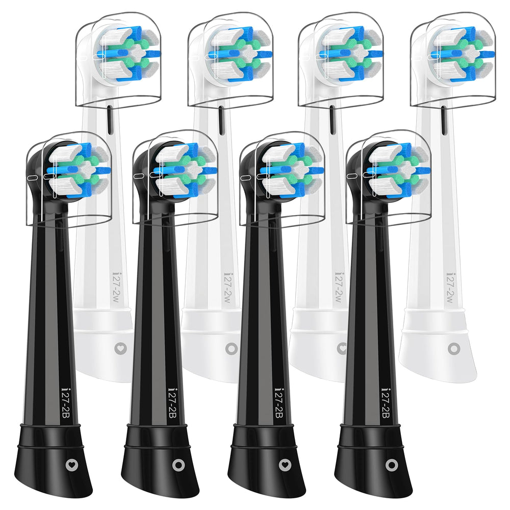 Eight Oral-B IO replacement brush heads in black and white packaging