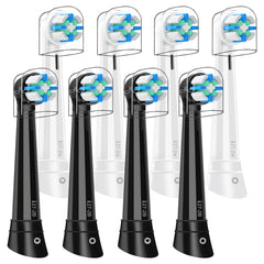 Eight Oral-B IO replacement brush heads in black and white packaging