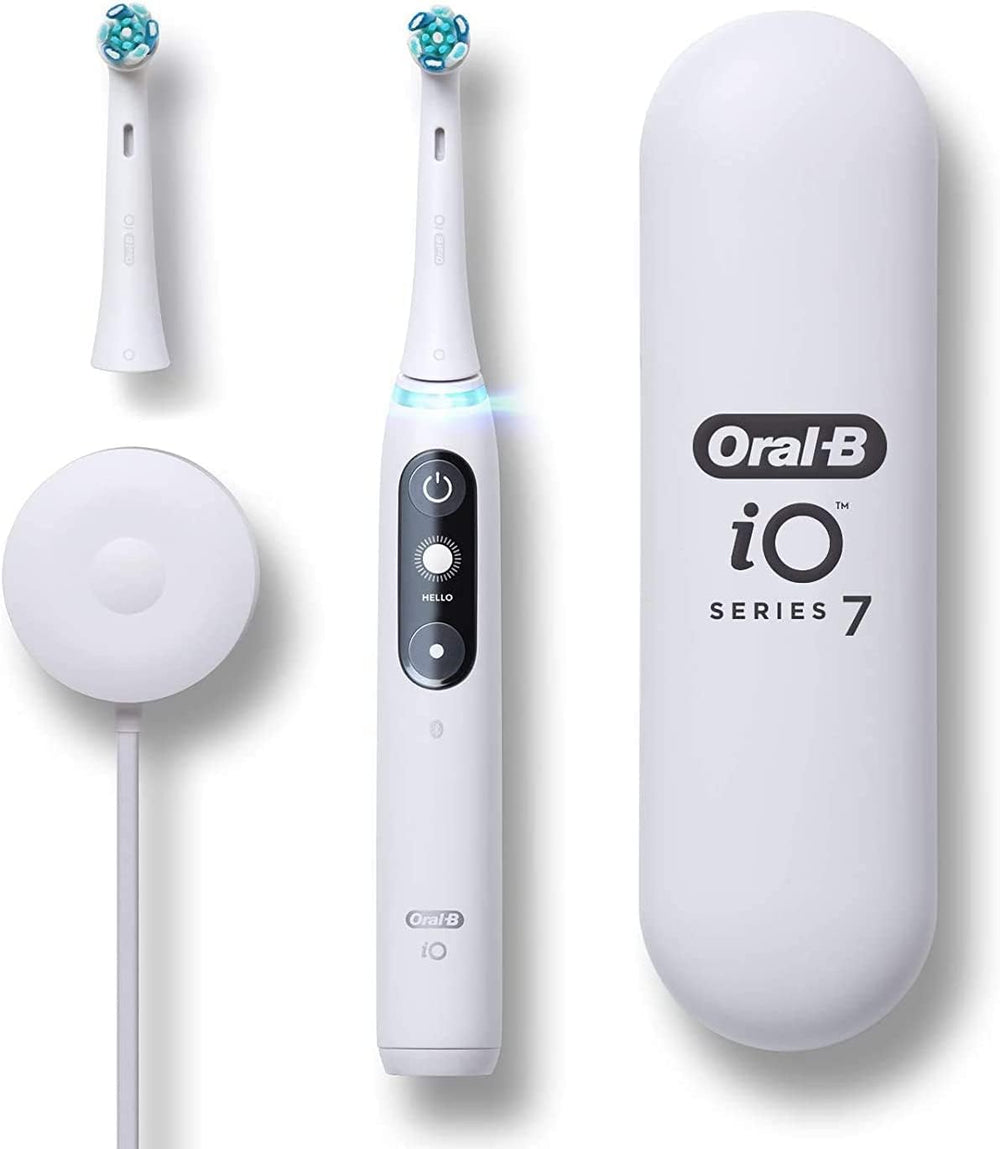Front view of Oral-B iO Series 7 electric toothbrush in White Alabaster