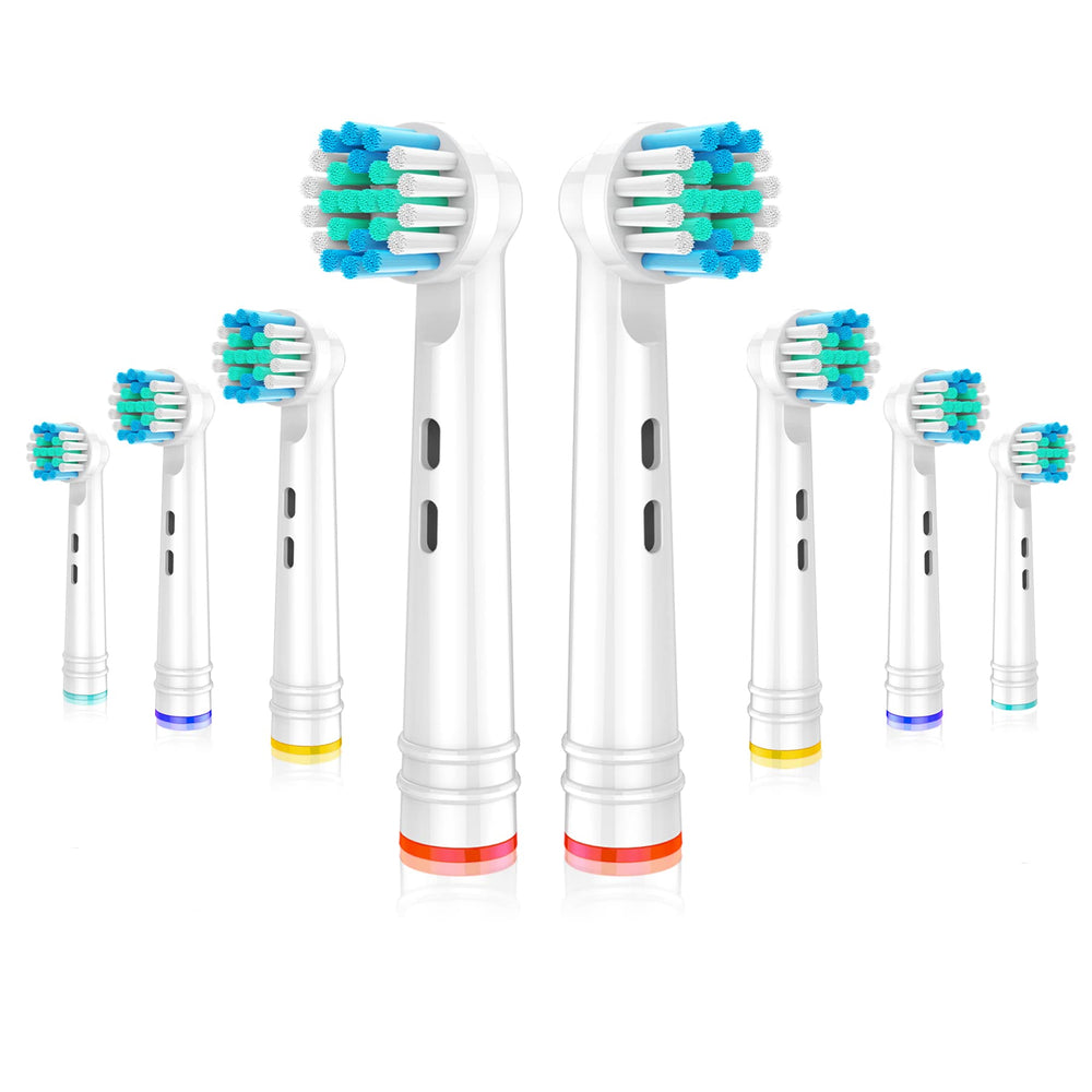 Eight replacement Oral-B toothbrush heads displayed in packaging.