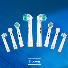 Eight Oral-B replacement heads compatible with models 3756, 3757, 3744, 3765, 3709, 4729.