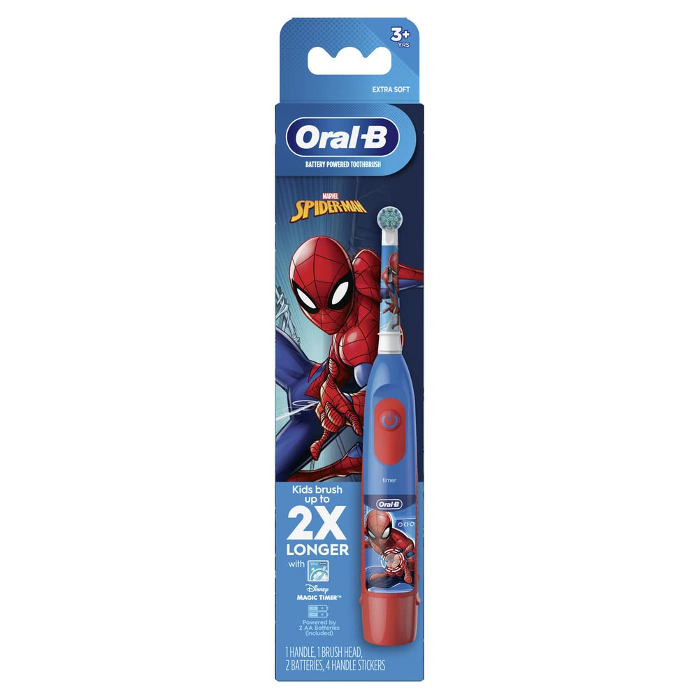 Front view of Oral-B Spider-Man kids toothbrush with 3+ age design and soft bristles