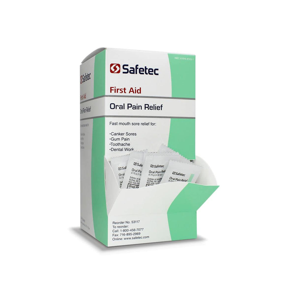 Assorted Oral Pain Relief packets laid out