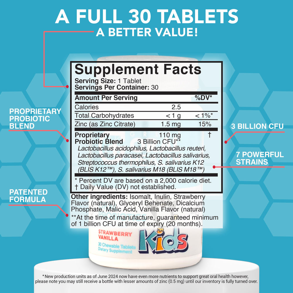 Close-up of strawberry-vanilla flavored probiotic chewable tablet