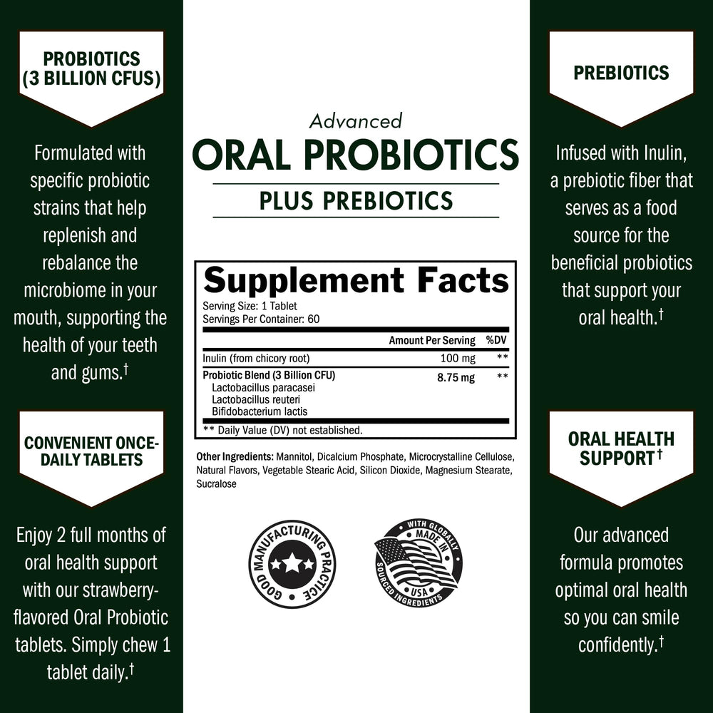 Close-up of strawberry flavored dental probiotic tablets