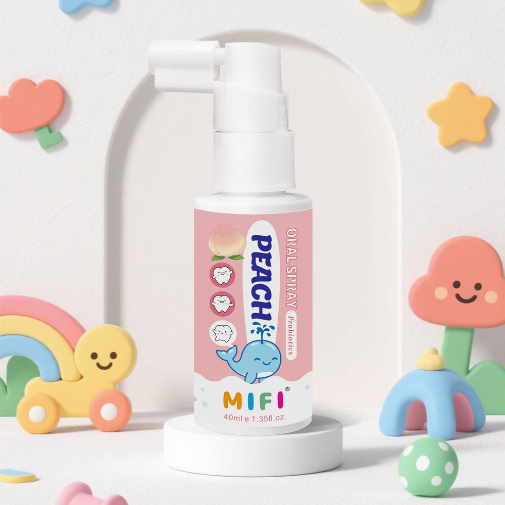 Product mockup showing Peach Oral Spray in hand