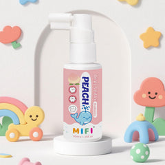 Product mockup showing Peach Oral Spray in hand