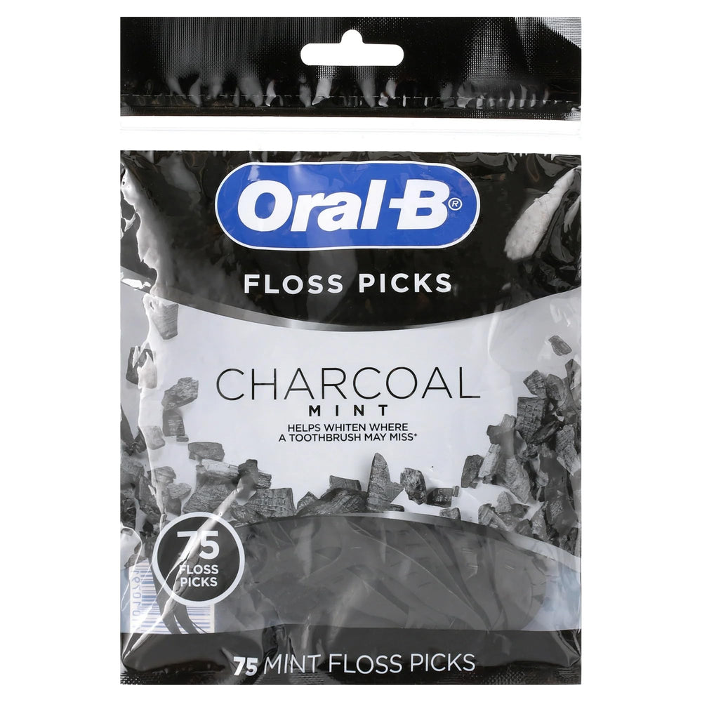 Front view of Oral-B Charcoal Infused Mint Floss Picks 75-count package