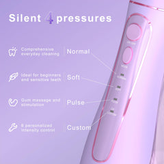 Oralfree flosser showing four cleaning modes: soft, regular, pulse, DIY