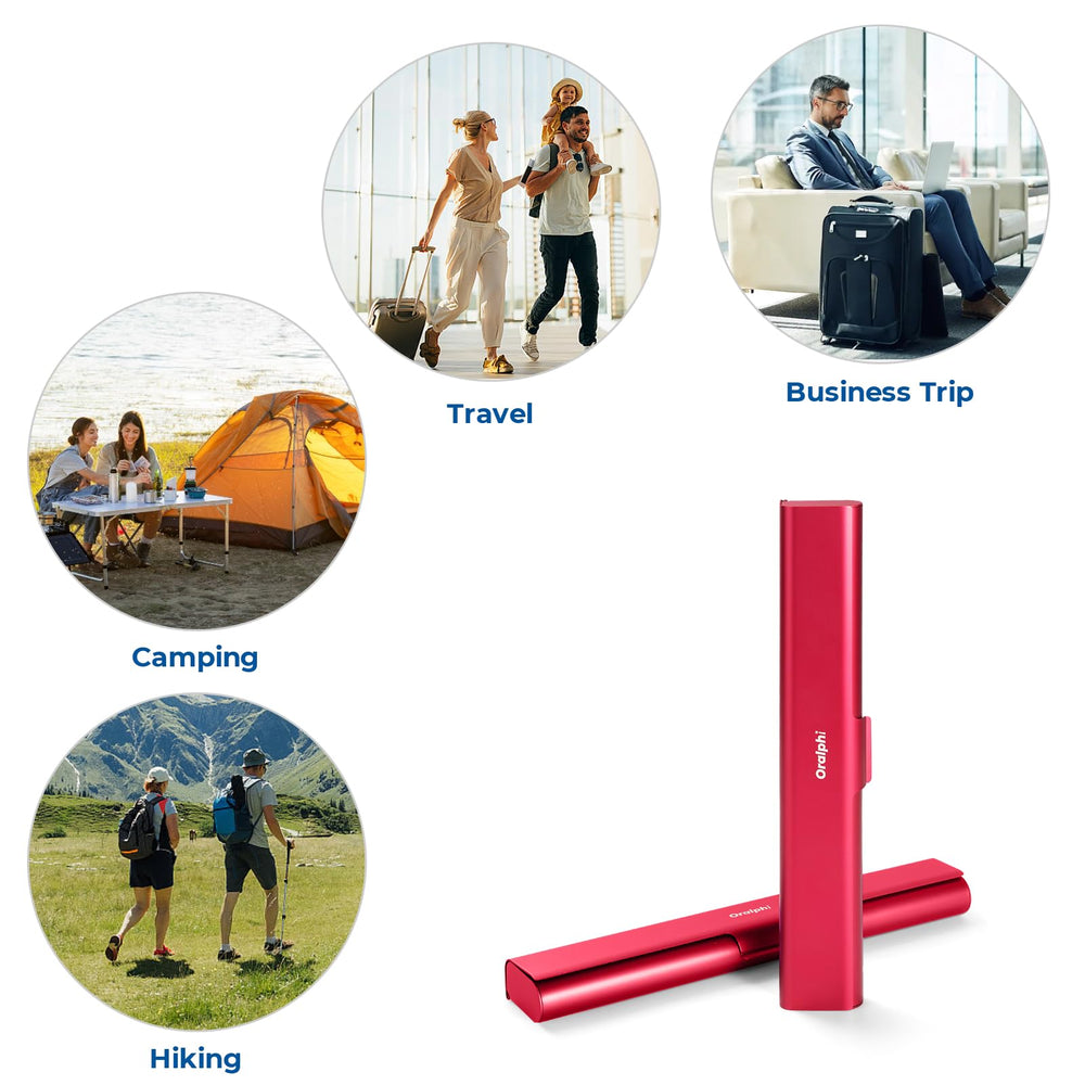 Lifestyle shot of the Oralphi aluminum toothbrush case in red