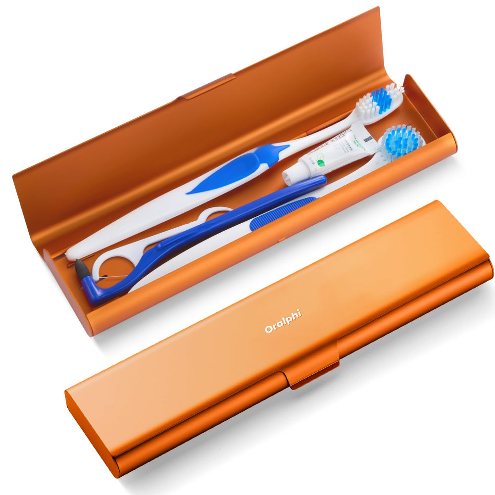 Oralphi Wider Aluminum Travel Toothbrush Case in orange exterior view