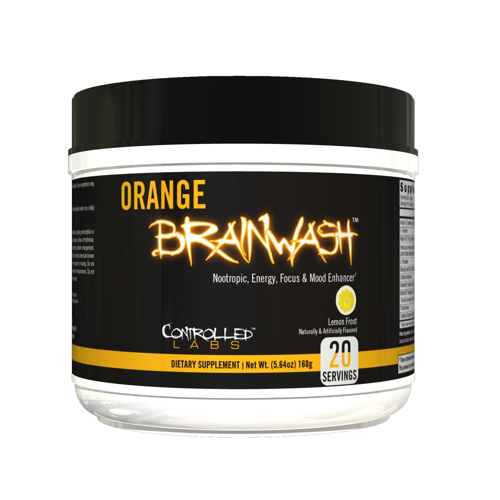 Orange Brainwash powder front label with Controlled Labs branding