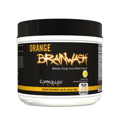Orange Brainwash powder front label with Controlled Labs branding