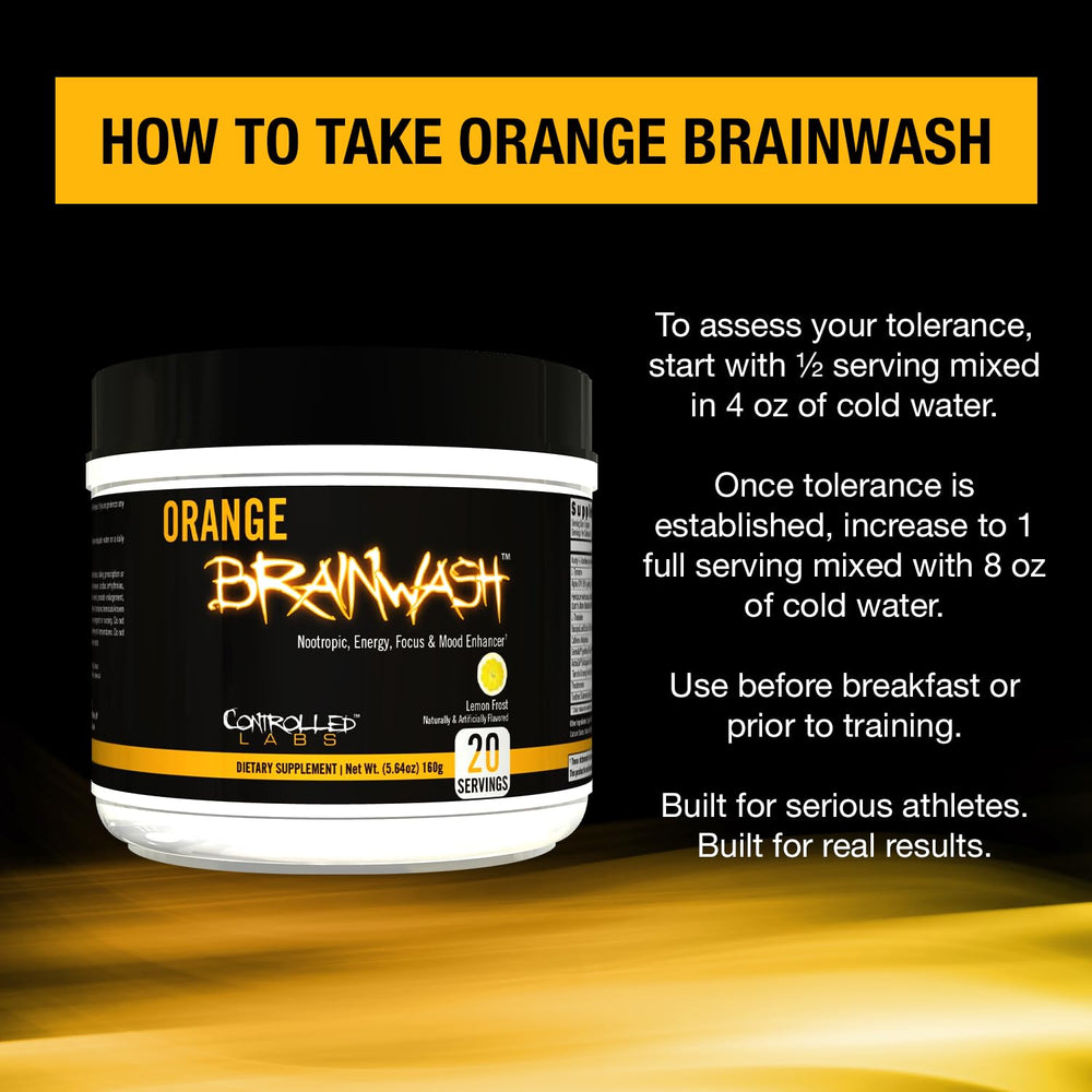 Usage illustration showing mixing Orange Brainwash in water