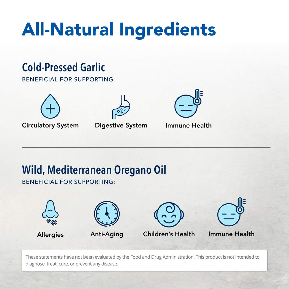 OregaMax ingredient list: wild oregano, wild sumac, garlic, onion