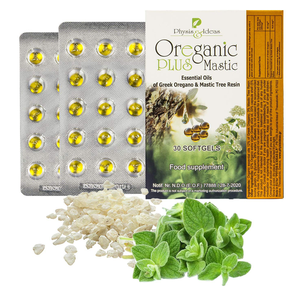 Close-up of Oreganic Plus Mastic softgel capsules