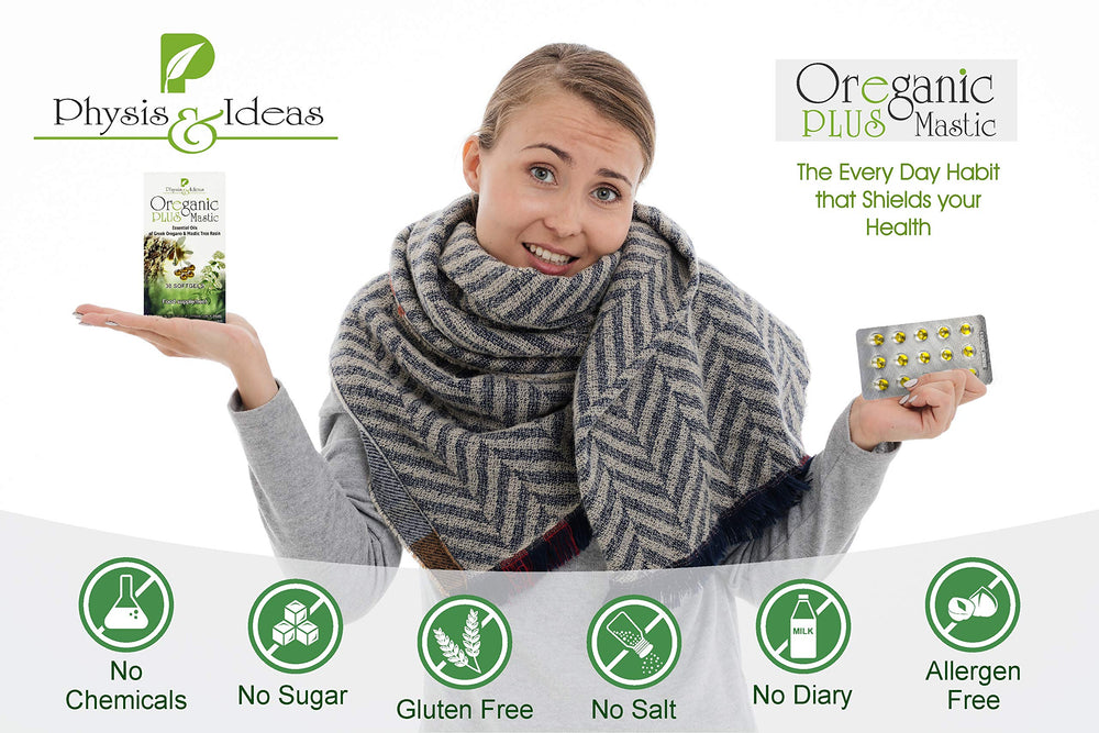 Infographic showing oregano and mastic gum ingredients