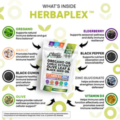 Capsule ingredients showing garlic extract, olive leaf and oregano oil