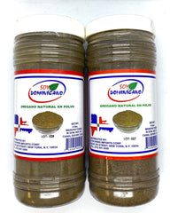 Oregano natural powder in a glass jar on a white background