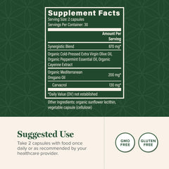 Ingredients label showing organic oregano oil and olive oil