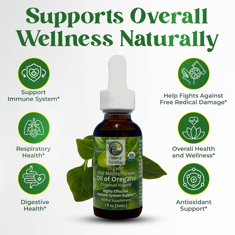 Oregano oil drops dispensed under the tongue using a dropper