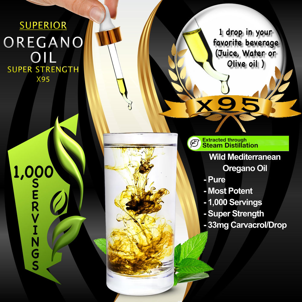Oregano oil drops showing 1,000 servings label