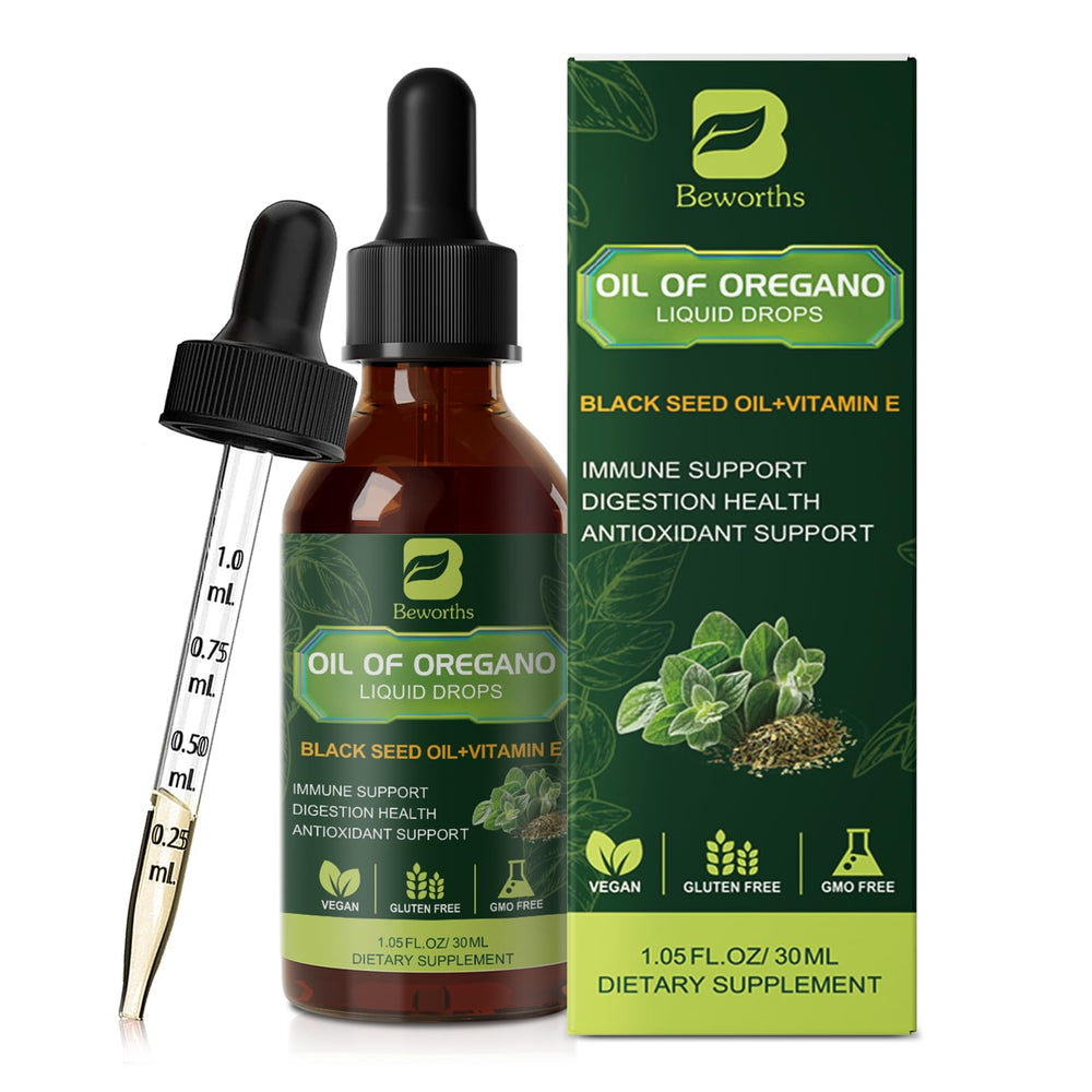 Oregano Oil Drops bottle with dropper showing the 1 fl oz label